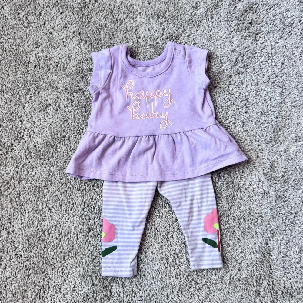 Carter’s Baby Girl “Happy Baby” Peplum Top & Floral Leggings Set – Size Newborn
